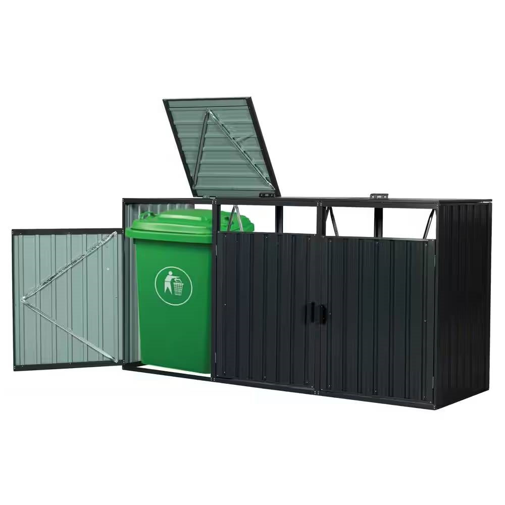 Outdoor Black Galvanized Steel Garbage Bin Storage Shed - Holds 3 Trash Cans with green bin inside