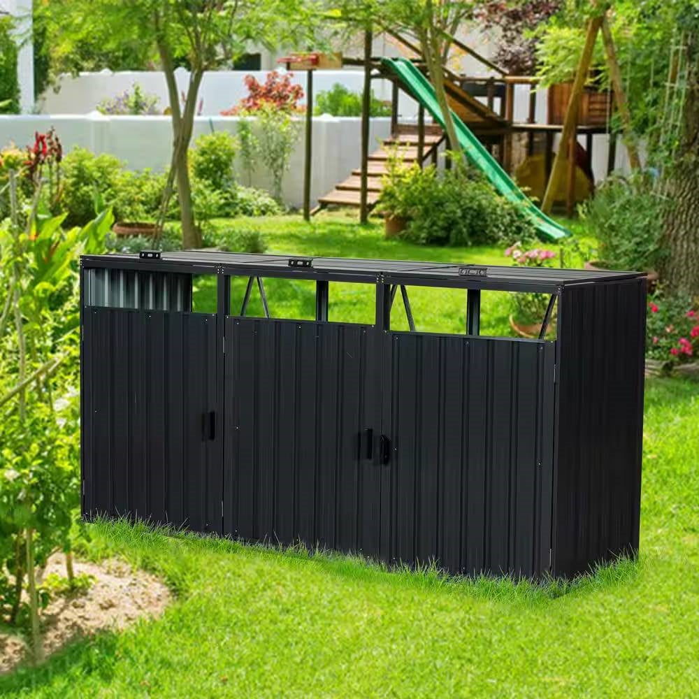 Outdoor Black Galvanized Steel Garbage Bin Storage Shed - Holds 3 Trash Cans in garden setting