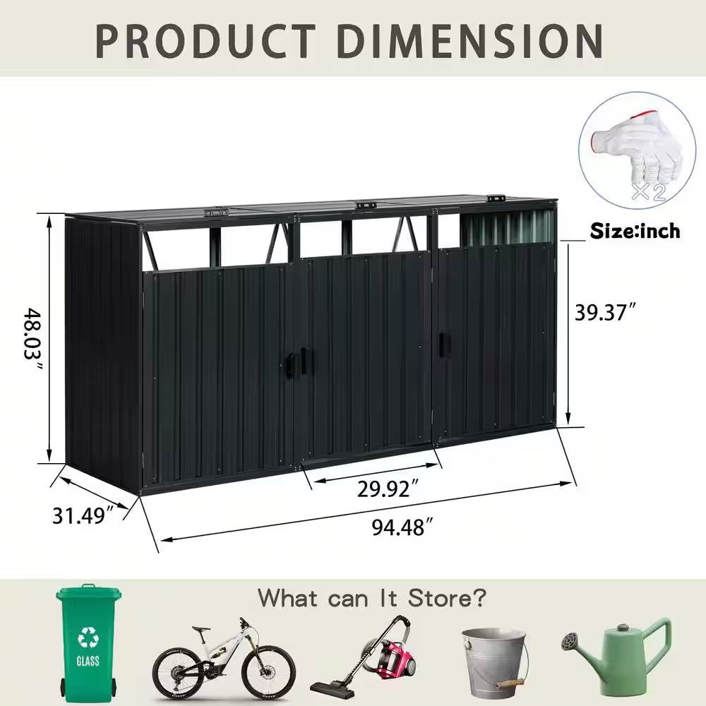 Outdoor Black Galvanized Steel Garbage Bin Storage Shed - Holds 3 Trash Cans dimensions and storage capabilities