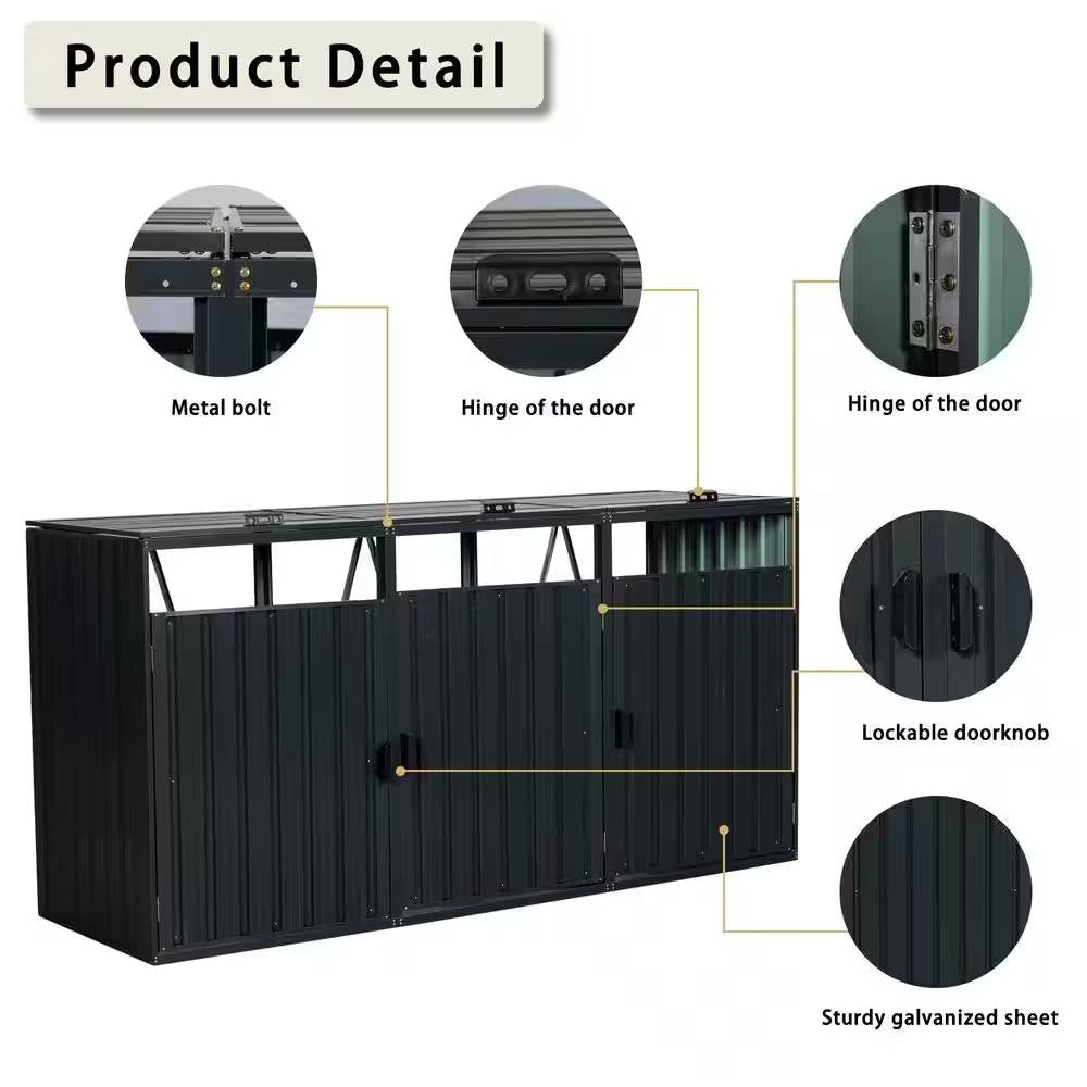 Outdoor Black Galvanized Steel Garbage Bin Storage Shed - Holds 3 Trash Cans with detailed locking and hinge features.