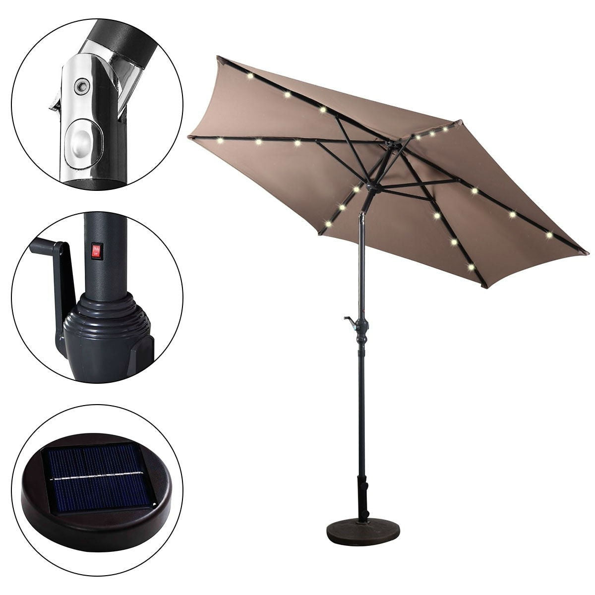 Tan 9-Ft Patio Umbrella with Steel Pole Crank Tilt and Solar LED Lights featuring open canopy and detailed close-ups of features