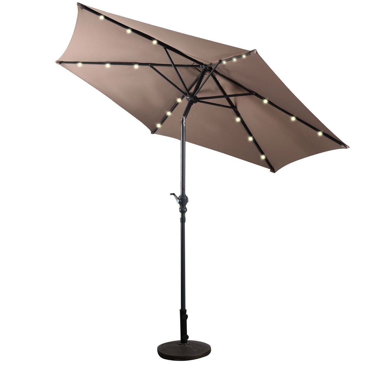 Tan 9-Ft Patio Umbrella with Steel Pole Crank Tilt and Solar LED Lights open with illuminated LED lights