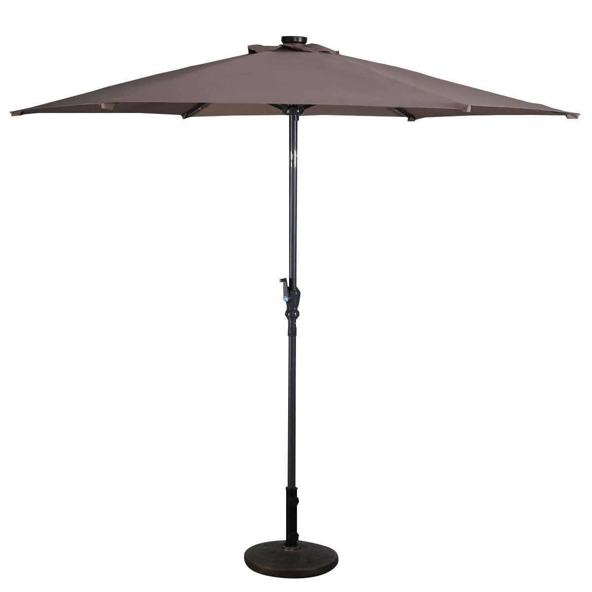 Tan 9-Ft Patio Umbrella with Steel Pole Crank Tilt and Solar LED Lights for outdoor decor and sun protection.