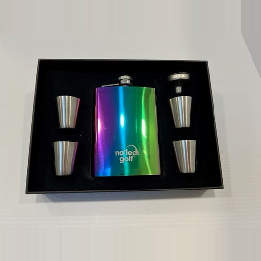 Birdie Juice Flask Set with multicolor metal flask and four shot glasses in gift box