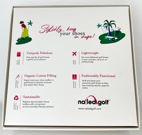 Golf Shoe Stuffers packaging highlighting features like lightweight, sustainable, and fashionable design