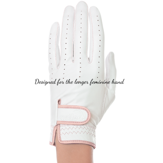 Premium Elongated Golf Gloves for women, white leather design for longer fingers, offering superior grip and comfort.