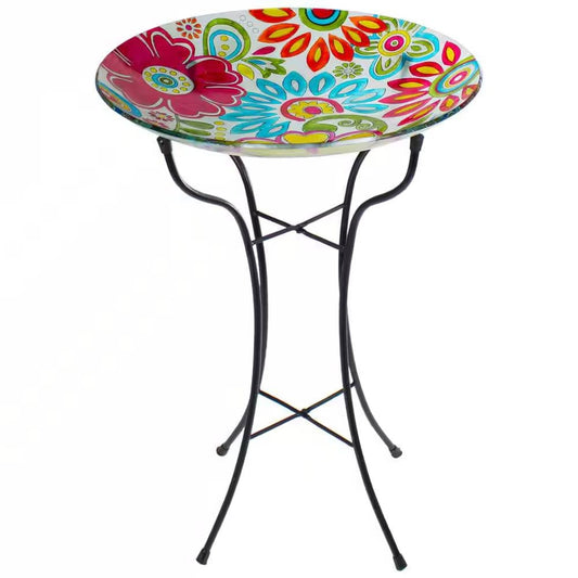 18-inch Blue Yellow Red Pastel Flowers Painted Glass Outdoor Bird Bath w/ Stand featuring vibrant floral design on a sturdy stand.