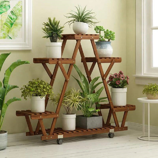 Indoor Outdoor Solid Wood Triangular Multi-Tier Plant Stand with Locking Wheels showcasing potted plants in a sunny room.