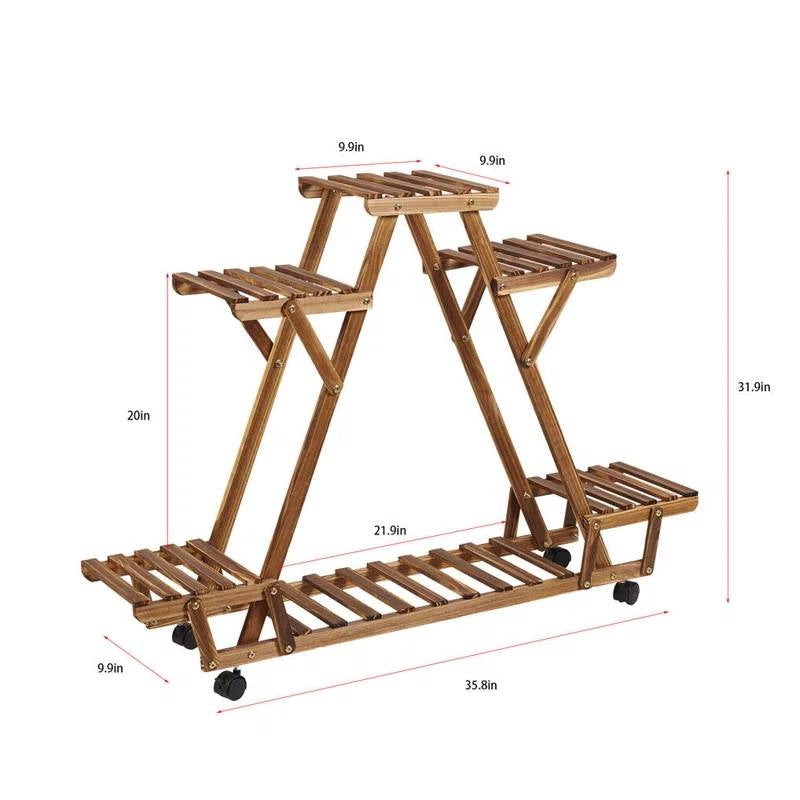 Indoor Outdoor Solid Wood Triangular Multi-Tier Plant Stand with Locking Wheels made of carbonized pinewood.