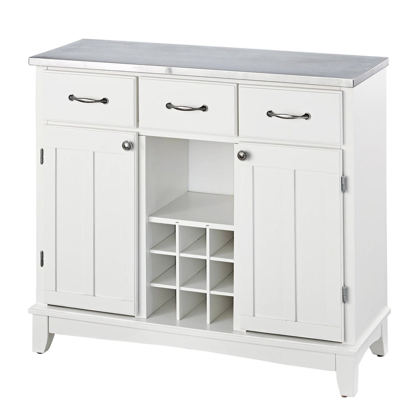 Stainless Steel Top Kitchen Island Sideboard Cabinet Wine Rack in White with drawers and cabinets