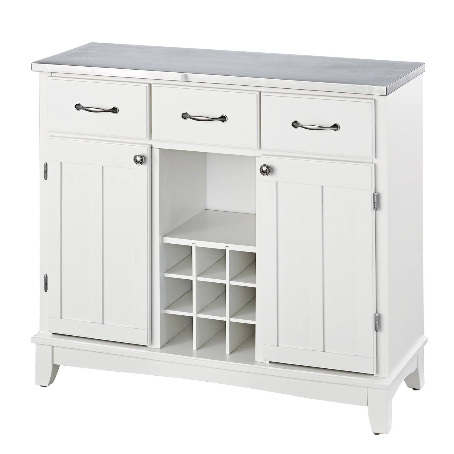 Stainless Steel Top Kitchen Island Sideboard Cabinet Wine Rack in White with drawers and cabinets