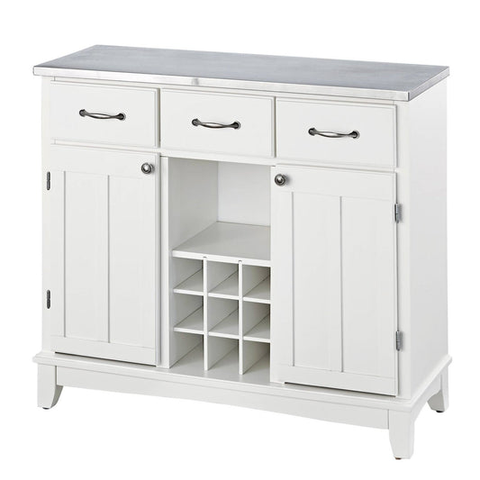 Stainless Steel Top Kitchen Island Sideboard Cabinet Wine Rack in White with drawers and cabinets