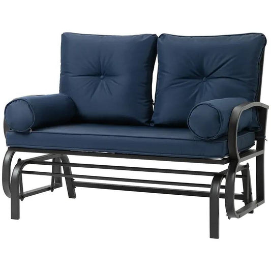 Outdoor Garden Patio Rocking Glider Chair Loveseat with Navy Blue Cushions featuring button tufting and comfortable cushions.