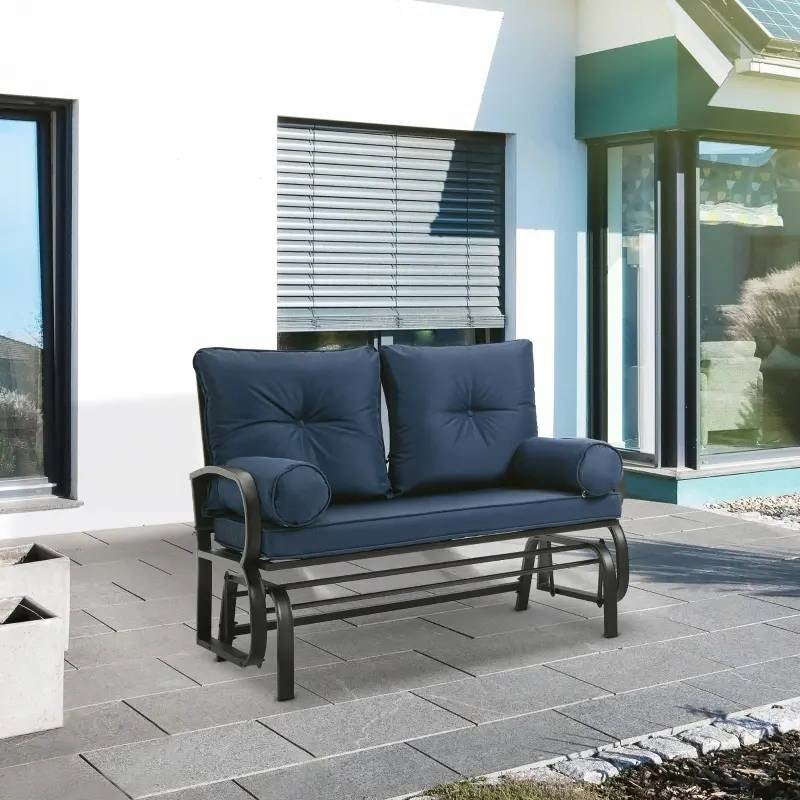 Outdoor Garden Patio Rocking Glider Chair Loveseat with Navy Blue Cushions on modern patio