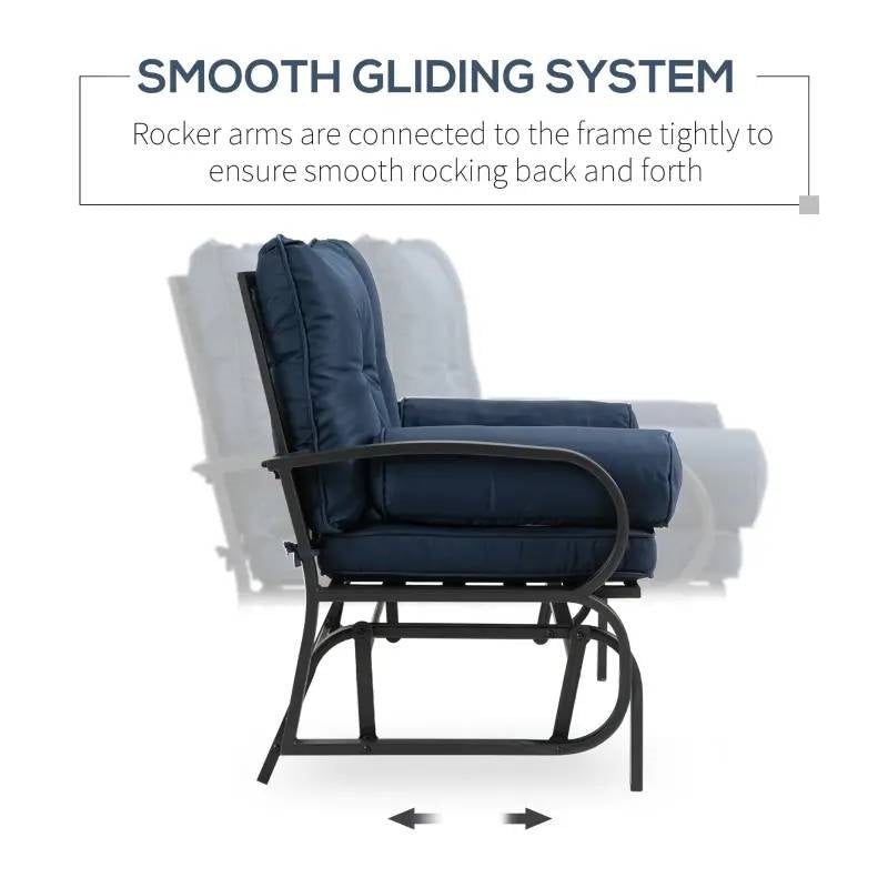 Outdoor Garden Patio Rocking Glider Chair Loveseat with Navy Blue Cushions featuring smooth gliding system and comfortable seating.