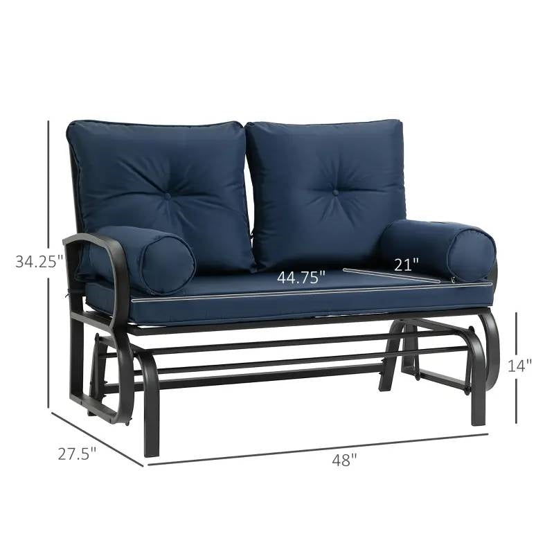 Outdoor Garden Patio Rocking Glider Chair Loveseat with Navy Blue Cushions featuring button tufting design and comfortable seating
