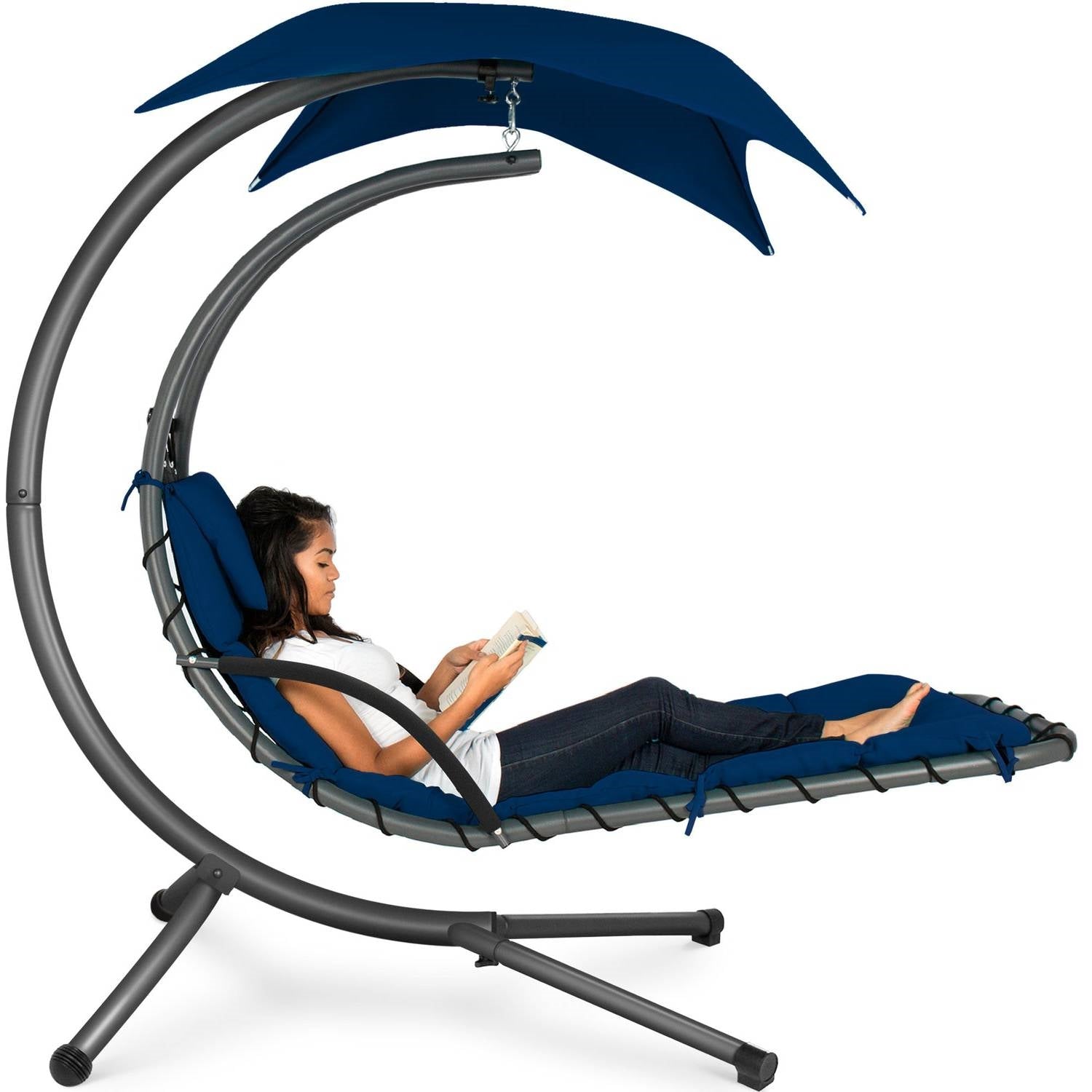 Navy Blue Single Person Sturdy Modern Chaise Lounger Hammock Chair Porch Swing with umbrella and cushion