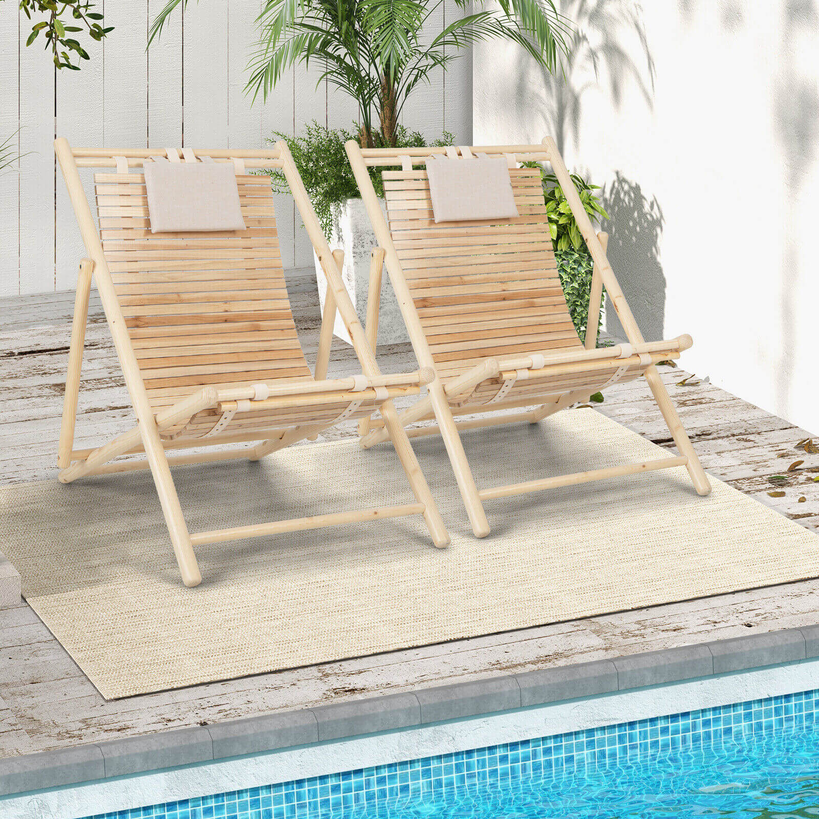 Solid Fir Wood Lounge Chair with 3-Level Adjustable Backrest and Soft Padded Headrest-Natural by the pool