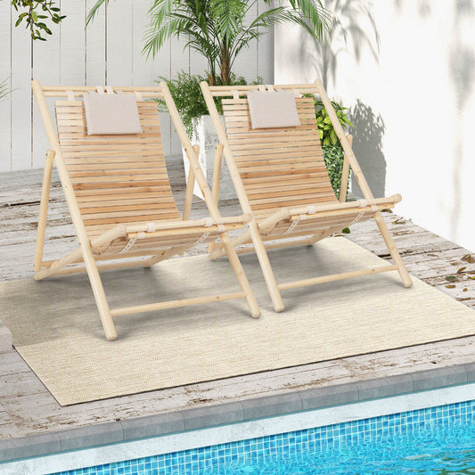 Solid Fir Wood Lounge Chair with 3-Level Adjustable Backrest and Soft Padded Headrest-Natural by the pool