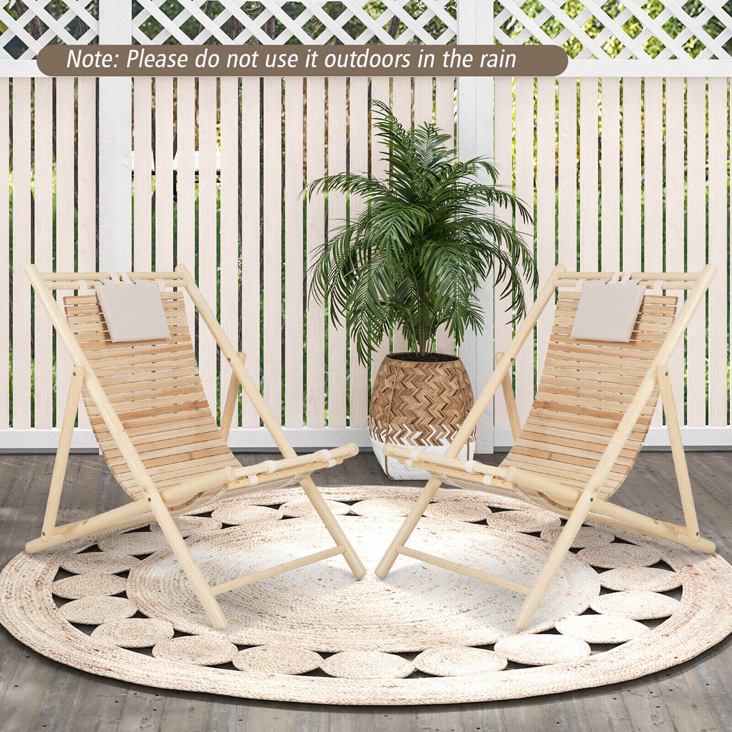 Solid Fir Wood Lounge Chair with 3-Level Adjustable Backrest and Soft Padded Headrest-Natural on a patio with plant
