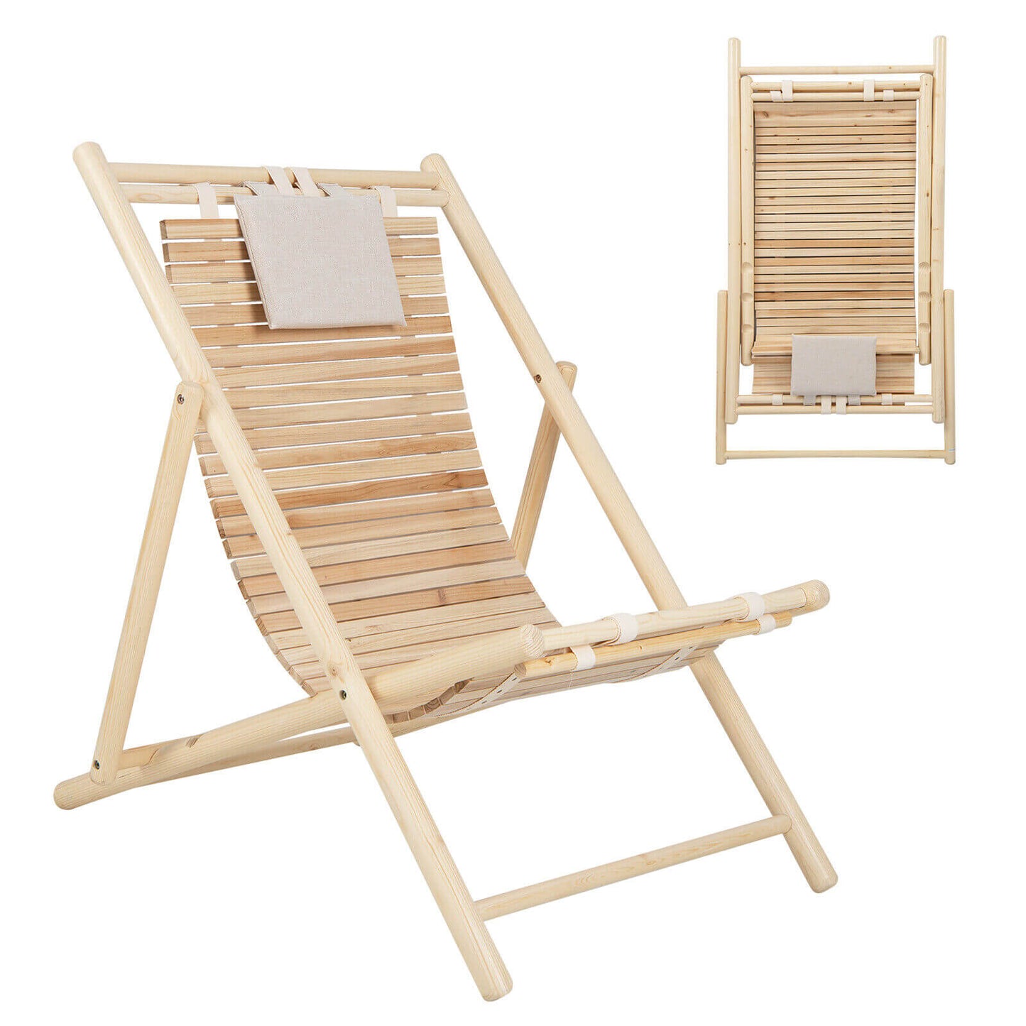 Solid Fir Wood Lounge Chair with 3-Level Adjustable Backrest and Soft Padded Headrest-Natural, folding design, natural wood finish.