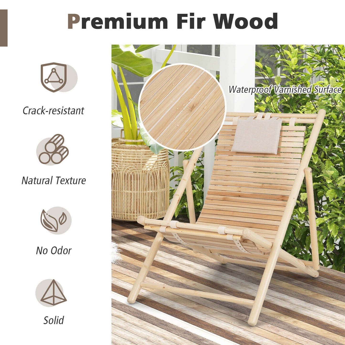 Solid Fir Wood Lounge Chair with 3-Level Adjustable Backrest and Soft Padded Headrest-Natural on porch with premium fir wood features