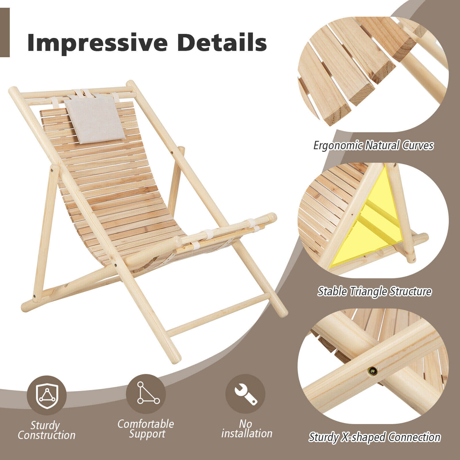 Solid Fir Wood Lounge Chair with 3-Level Adjustable Backrest and Soft Padded Headrest-Natural showcasing ergonomic design and stability.