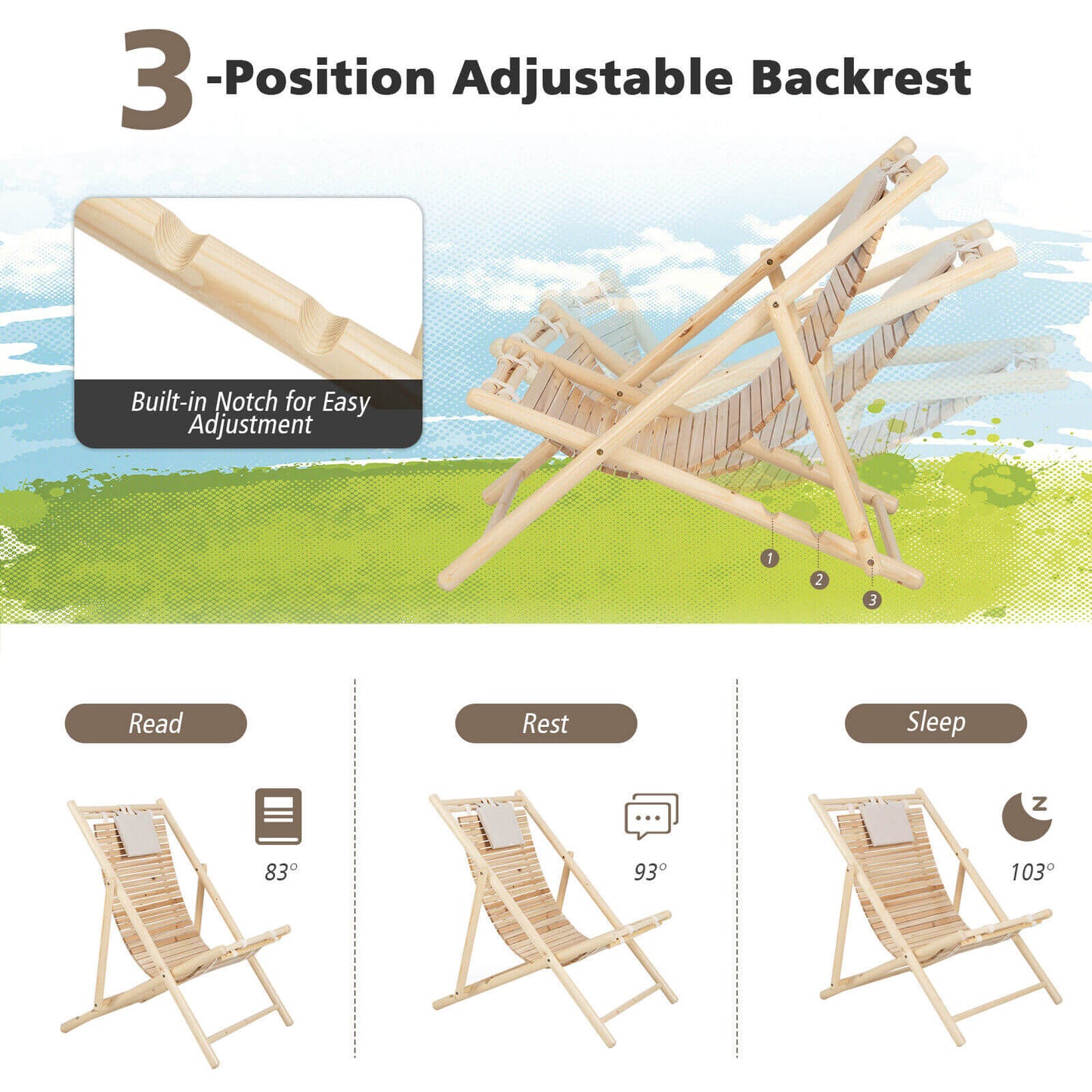 Solid Fir Wood Lounge Chair with 3-Level Adjustable Backrest and Soft Padded Headrest-Natural shown in different positions