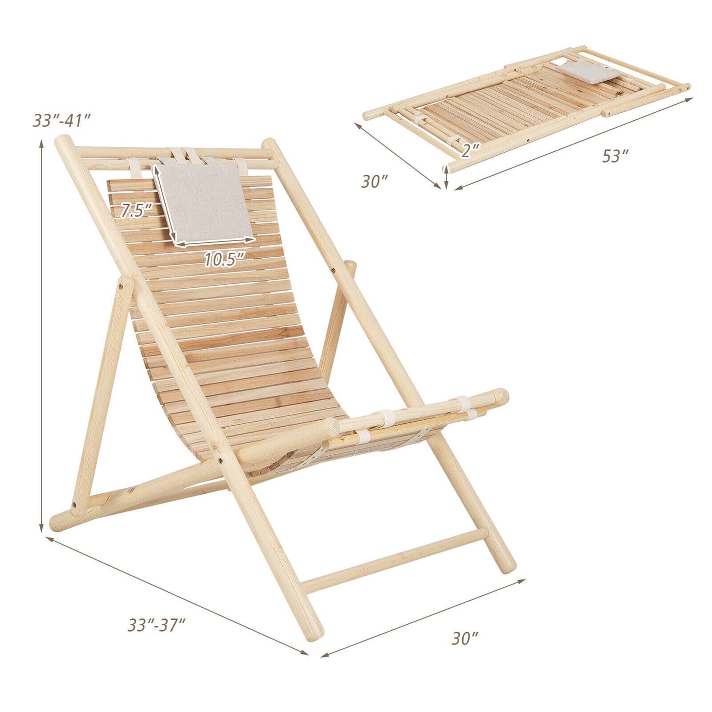 Solid Fir Wood Lounge Chair with 3-Level Adjustable Backrest and Soft Padded Headrest-Natural, dimensions shown.