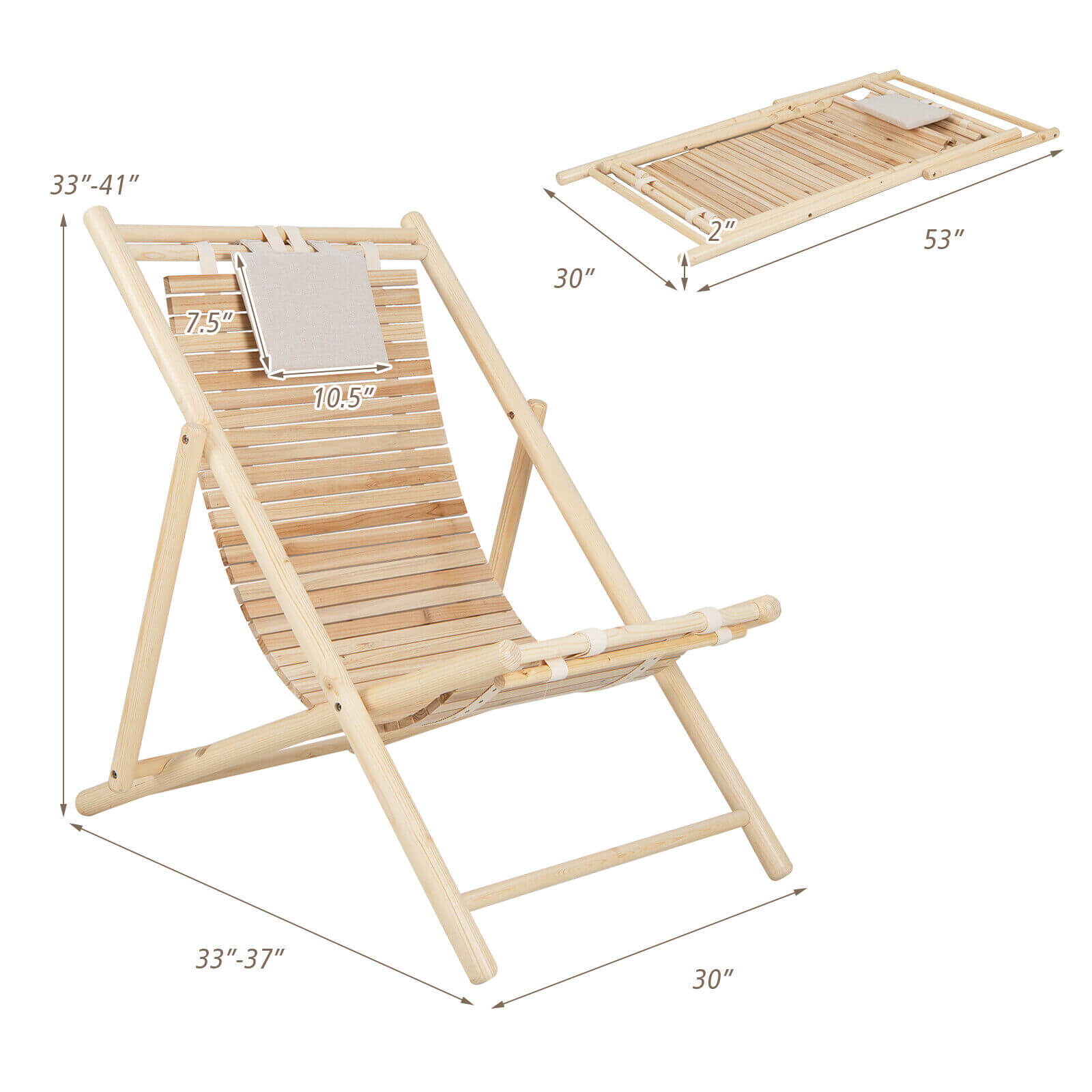 Solid Fir Wood Lounge Chair with 3-Level Adjustable Backrest and Soft Padded Headrest-Natural, dimensions shown.