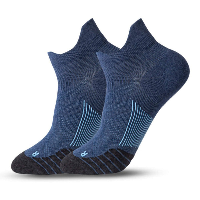 Compression Socks - Quick-Dry Low-Cut with terry cushioning and moisture-wicking features for women, size 6 to 10 1/2, shown in blue.