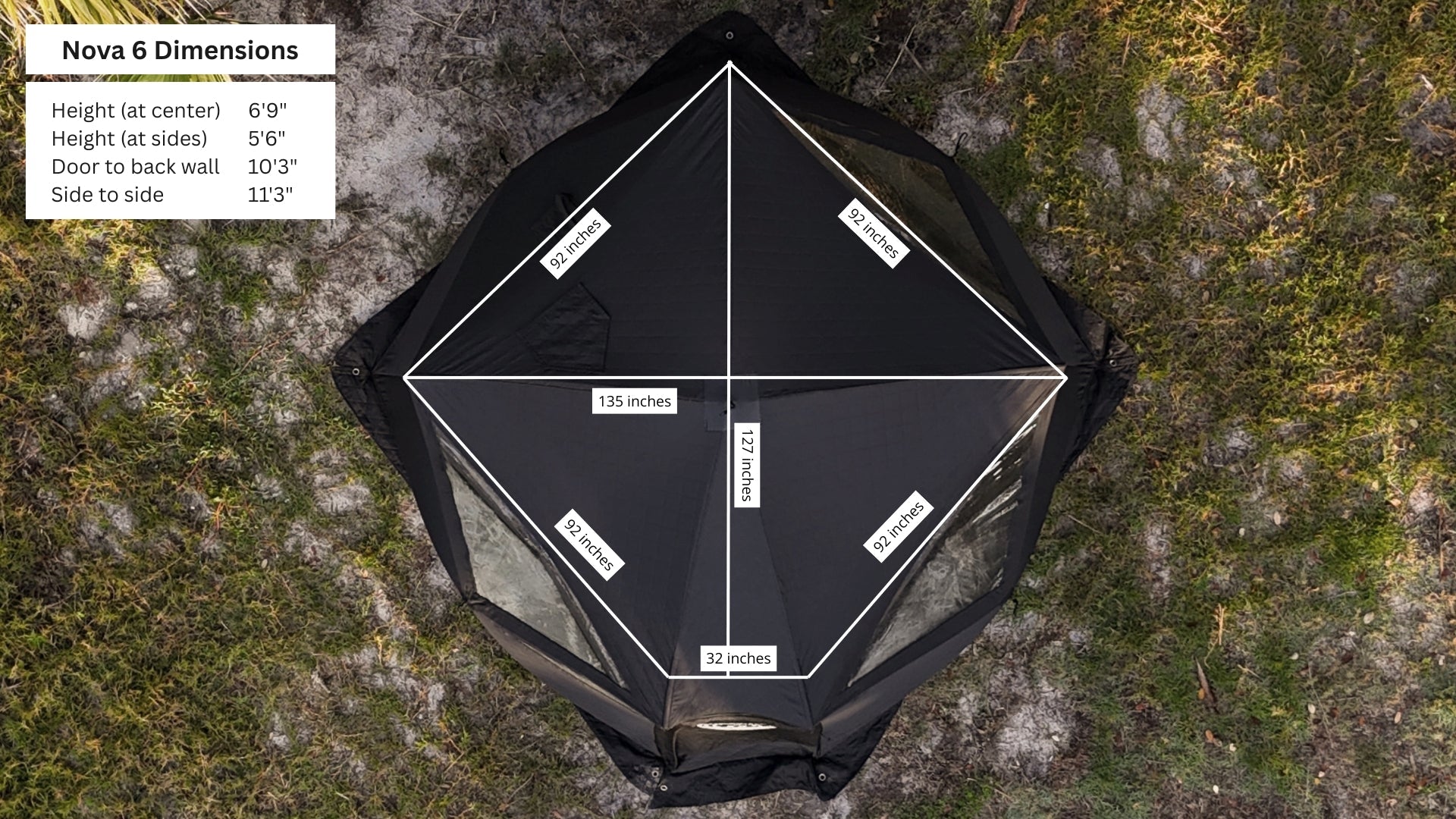 Nova 6 Sauna Tent Pro Package (6-person) dimensions and specifications overhead view.