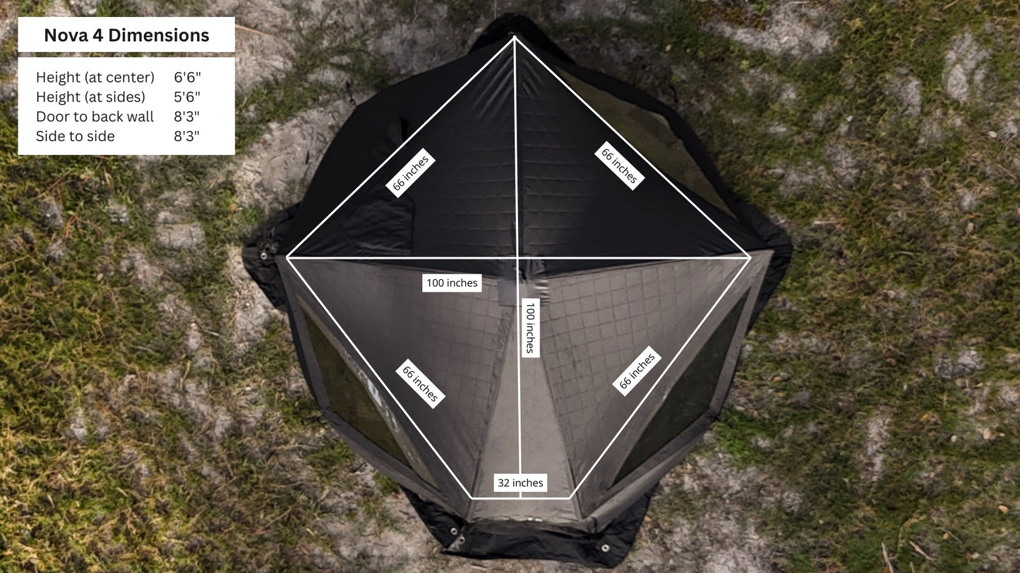Top view of Nova 4 Sauna Tent Pro Package (4-person) showcasing dimensions and design features in an outdoor setting.