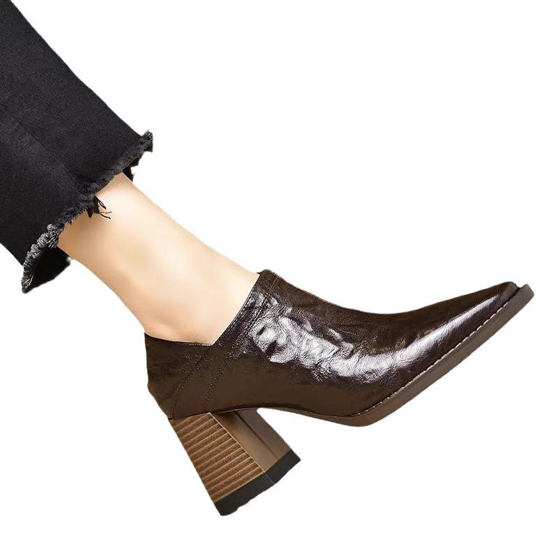 Brown Women’s Chunky-Heel High Heels with Side Zipper featuring a sturdy heel and microfiber lining for style and comfort.