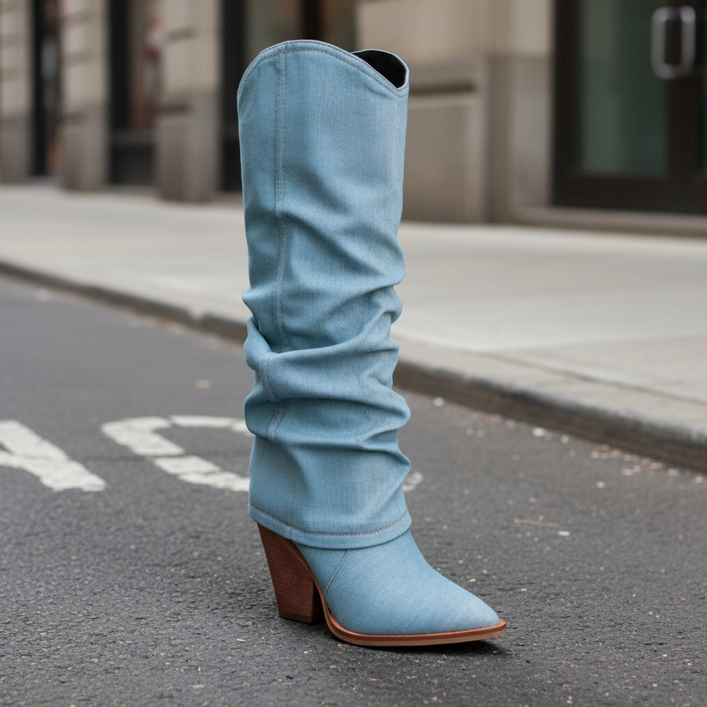 Vintage Pointed-Toe Chunky Heel High Tube Boots — Statement Heels