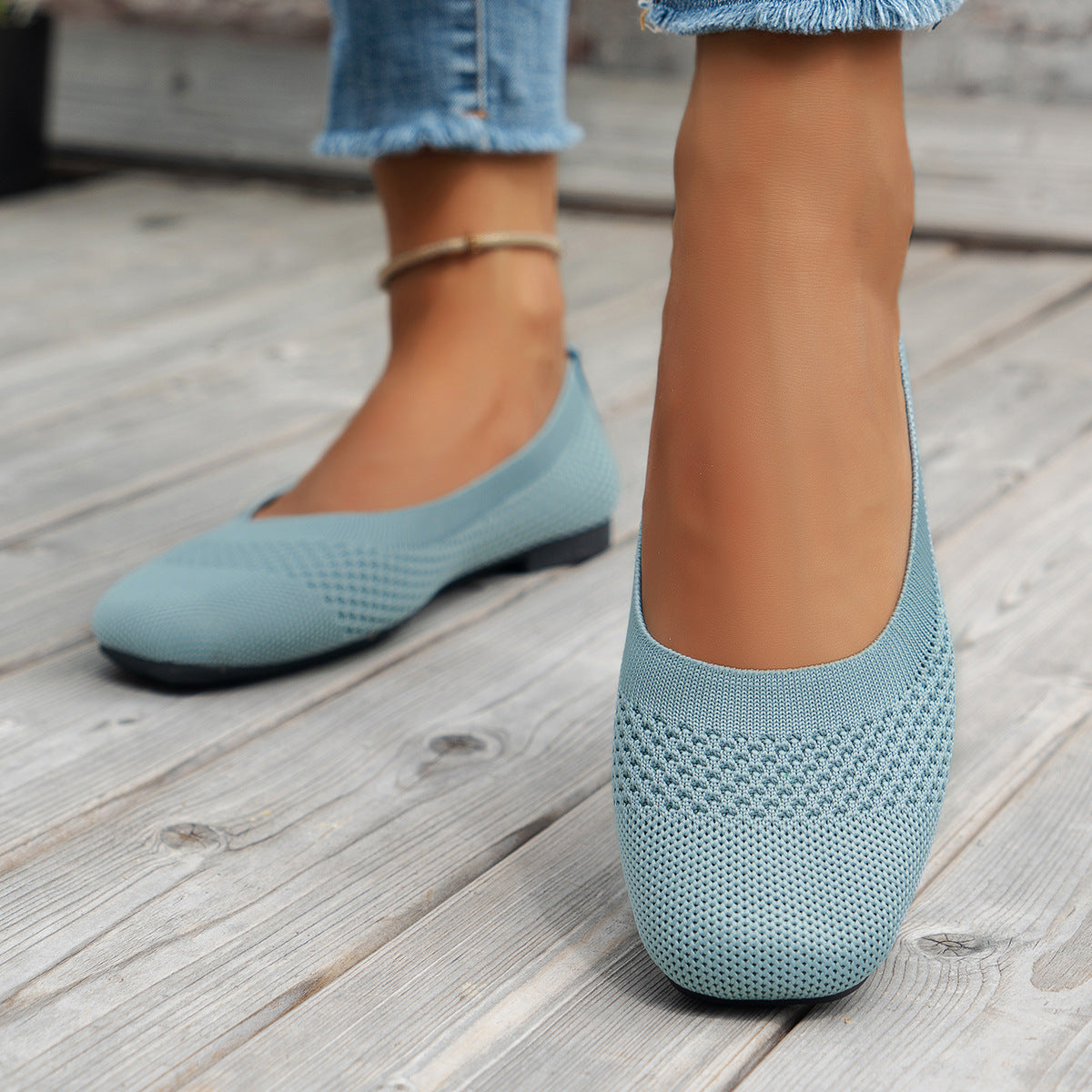 Flying Woven Mesh Shallow-Mouth Women’s Shoes in light blue, showcasing breathable design and flexible sole, perfect for everyday wear.
