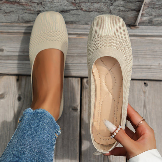Top view of Flying Woven Mesh Shallow-Mouth Women’s Shoes in beige color, perfect for large size comfort and style.