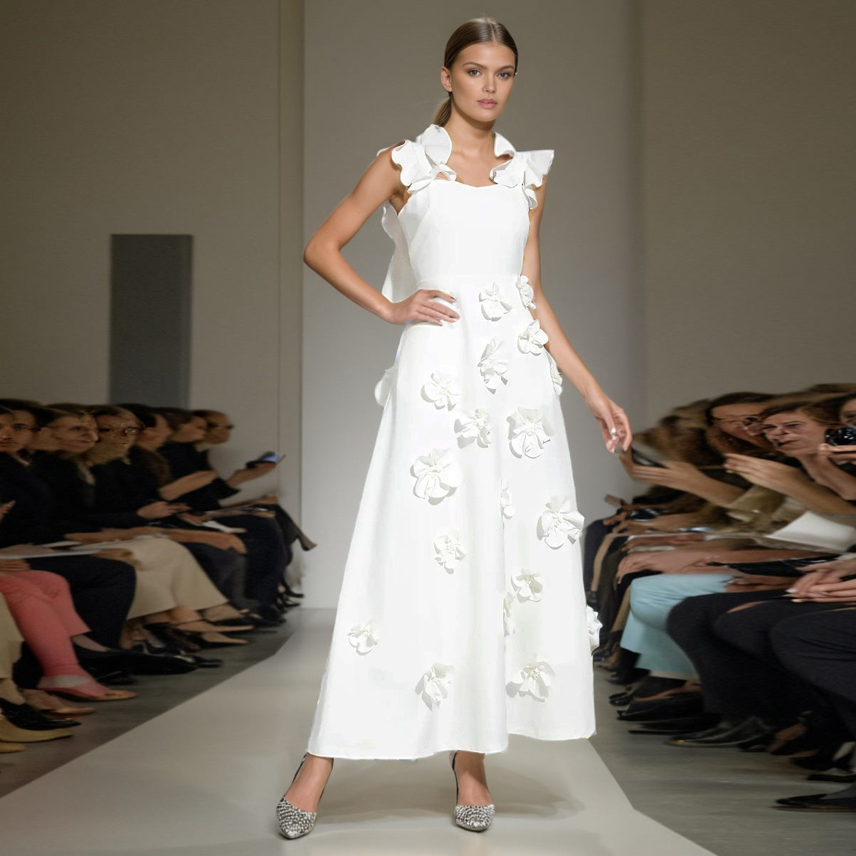 Model wearing High-grade Stitching Three-dimensional Flower Sling Dress on runway, featuring white color and long skirt.