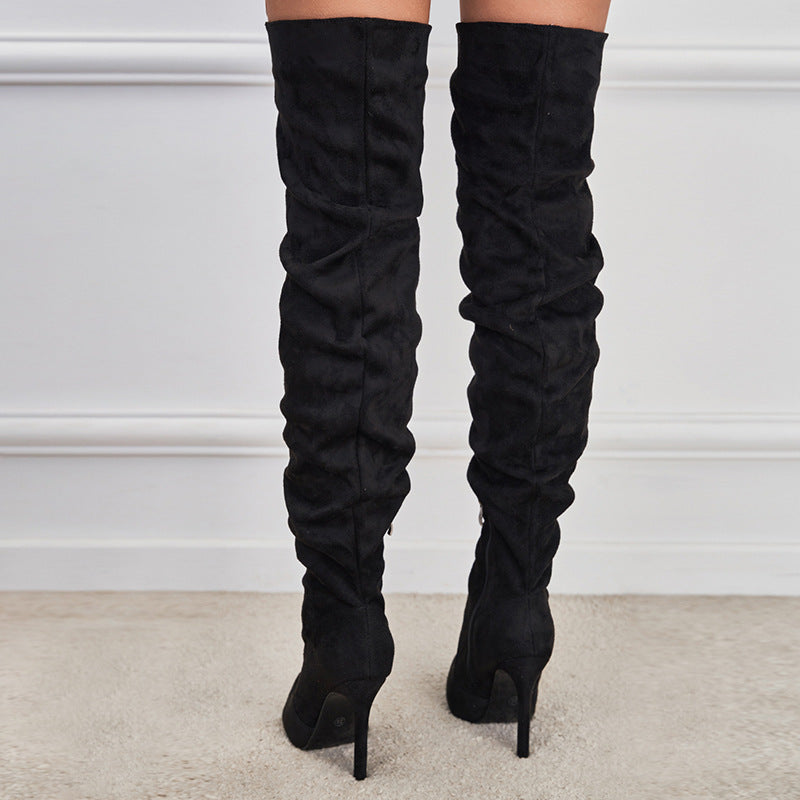 Pointed-Toe Suede Stiletto Boots with High Zipper — European / American Chic, showcasing sleek high zipper and luxurious suede texture.