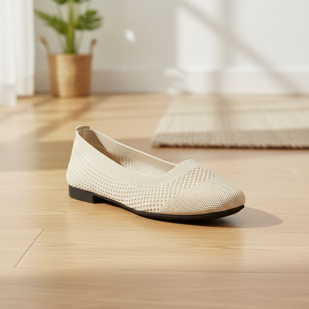 Flying Woven Mesh Shallow-Mouth Women’s Shoes in cream, featuring breathable and stretchy design ideal for comfort and style.
