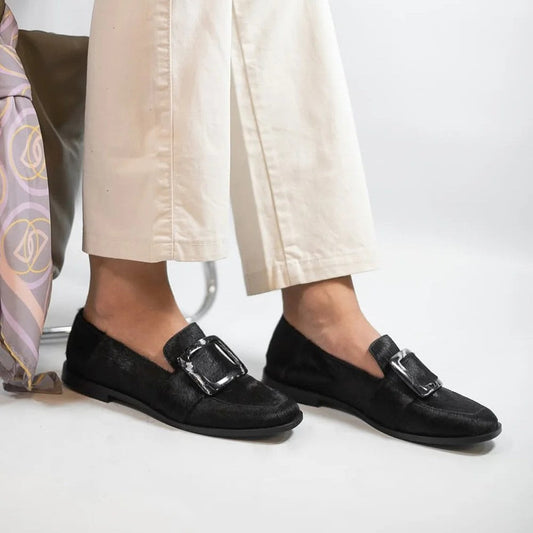 Vintage Square-Button Low-Cut Loafers — Women’s Elegant Slip-On Shoes showcased with white pants.