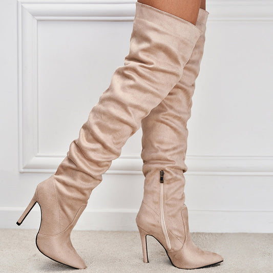 Pointed-Toe Suede Stiletto Boots with High Zipper — European / American Chic in beige color, showcasing elegant design with zipper detail.