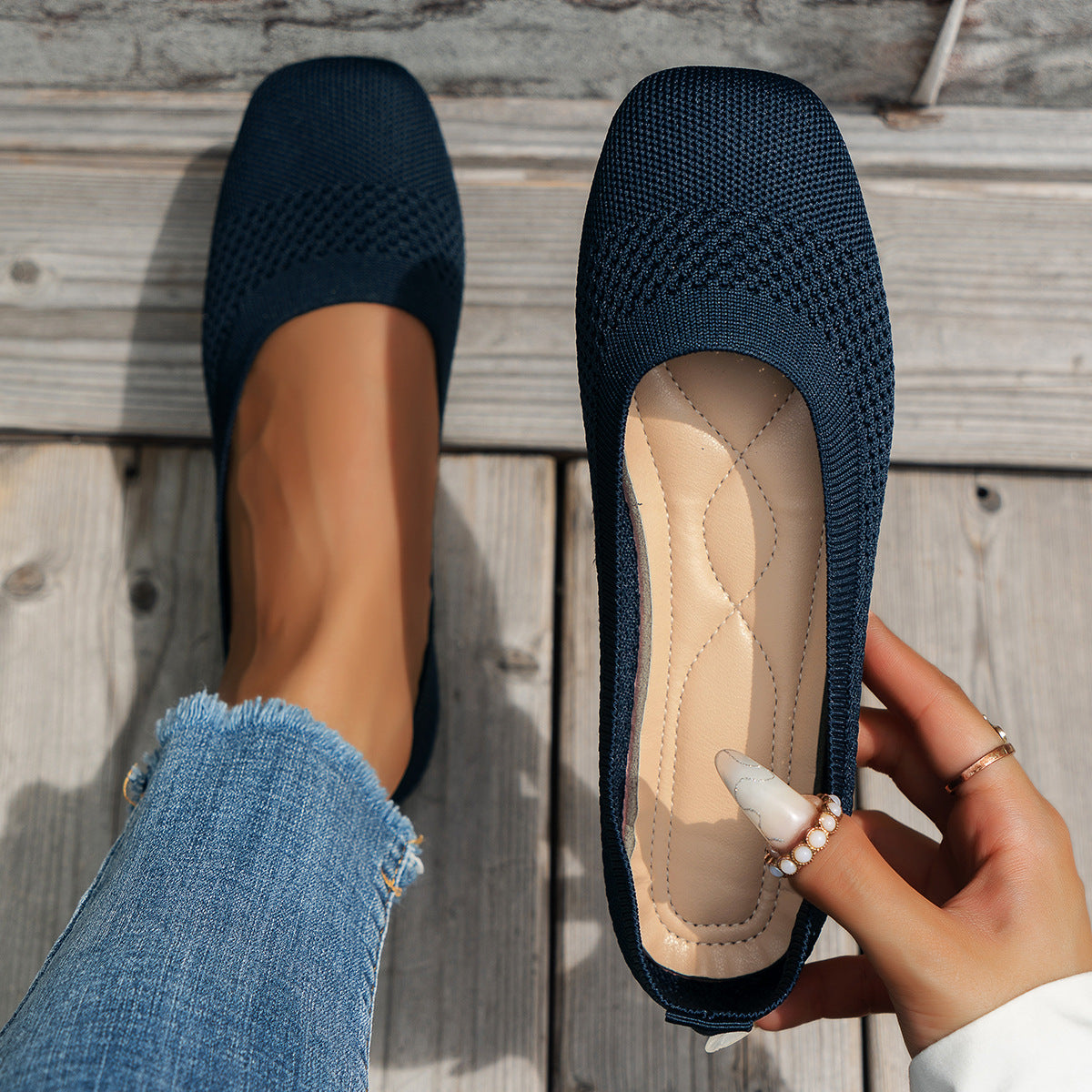 Flying Woven Mesh Shallow-Mouth Women’s Shoes in navy blue, showcased for breathability and comfort with a stylish design.