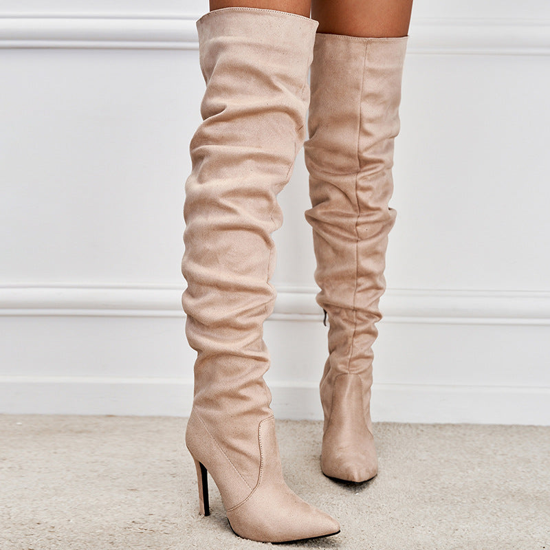Pointed-Toe Suede Stiletto Boots with High Zipper — European / American Chic displayed on a model against a white background.