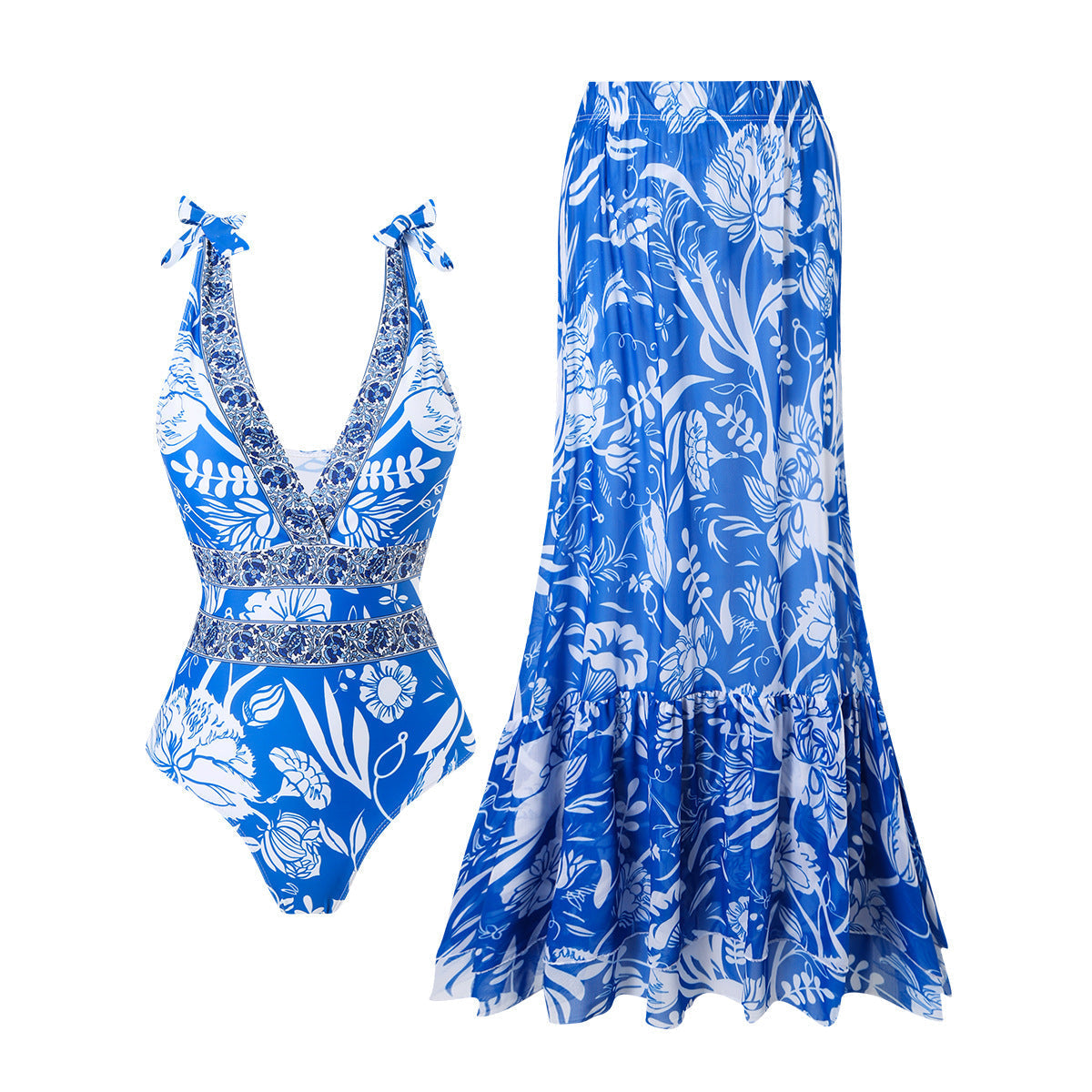 Ethnic Style One-piece Swimsuit For Women Beach Suit with matching blue floral cover-up skirt.