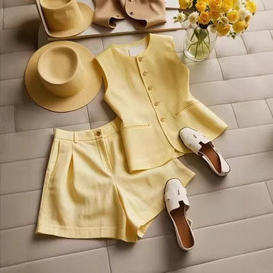 Lemon yellow Suit Vest Suit Women's Cotton And Linen with shorts and sleeveless design, featuring princess sleeves, size S to XL.