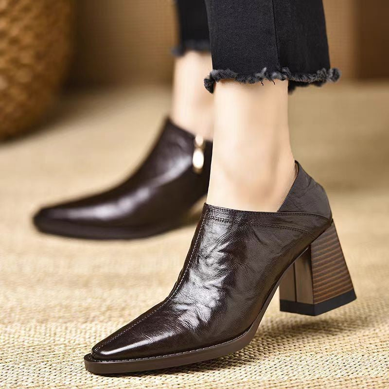 Women’s Chunky-Heel High Heels with Side Zipper in brown solid color, featuring low top design and sturdy heel for stylish comfort.
