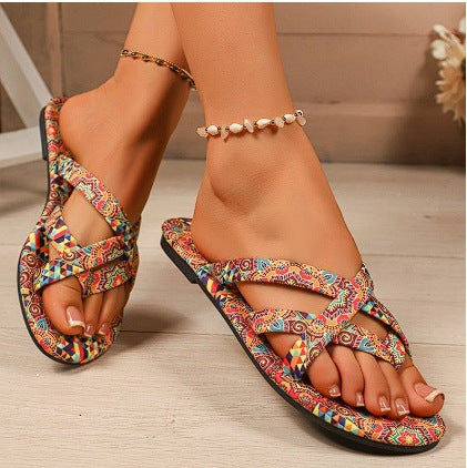 Women’s Boho Flat Printed Slippers with colorful embroidery and ethnic motifs perfect for beach and festival wear.