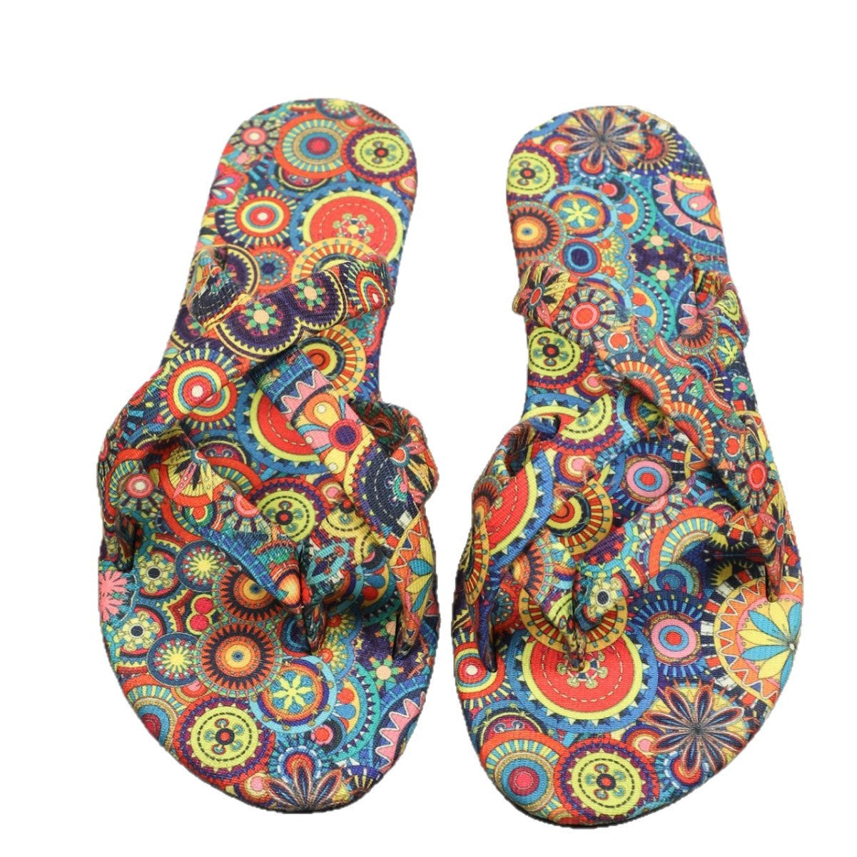 Women’s Boho Flat Printed Slippers with colorful embroidery and ethnic motifs, perfect for summer style and comfort.