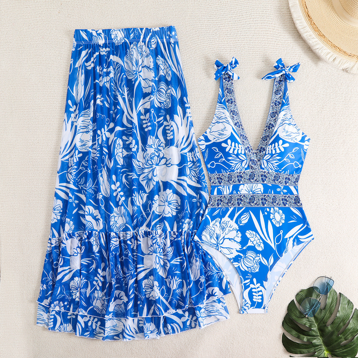 Ethnic Style One-piece Swimsuit For Women Beach Suit with blue and white floral designs